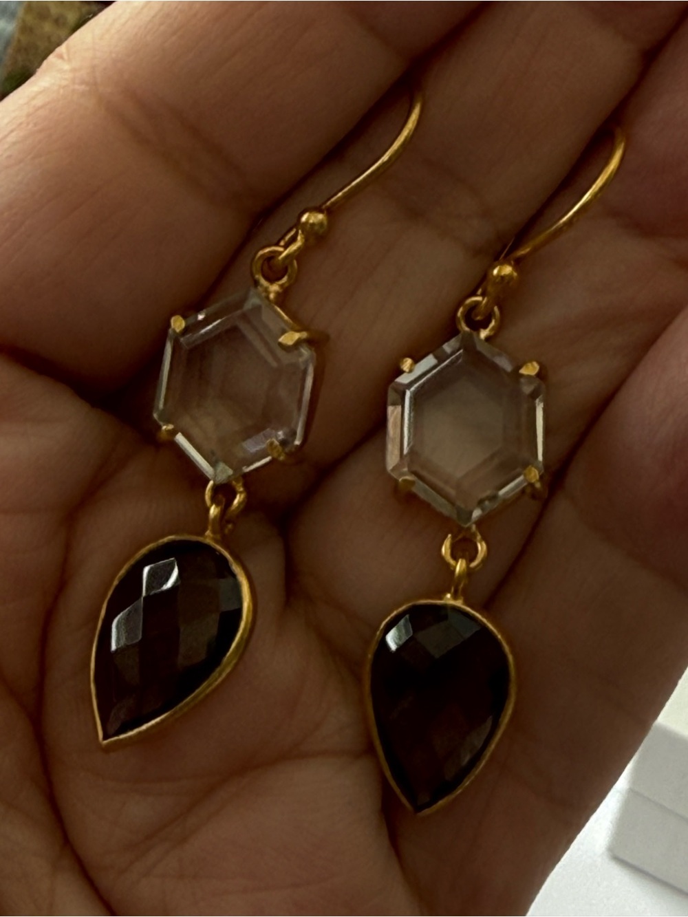 Gold-Tone Dangle Earrings with Clear Hex and Smoky Teardrop Stones